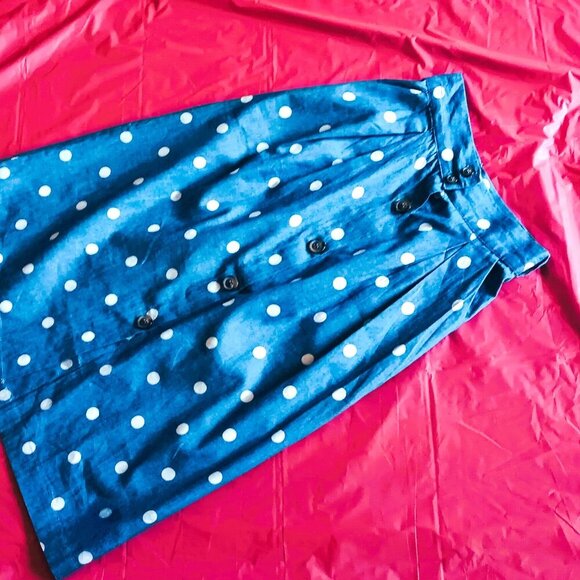 BLUE COTTON MIDI SASH BELTED POLKA DOT, SKIRT, S, W/WHITE PEPLUM COTTON BLOUSE - Picture 3 of 5